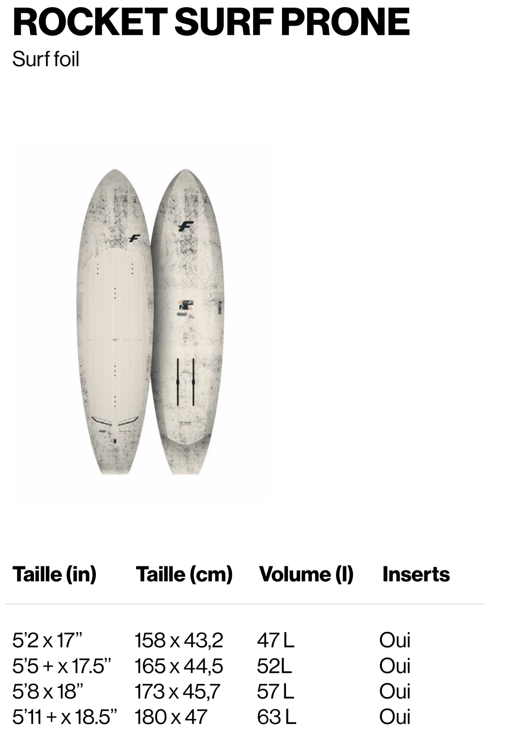 Tailles F-ONE ROCKET SURF PRONE
